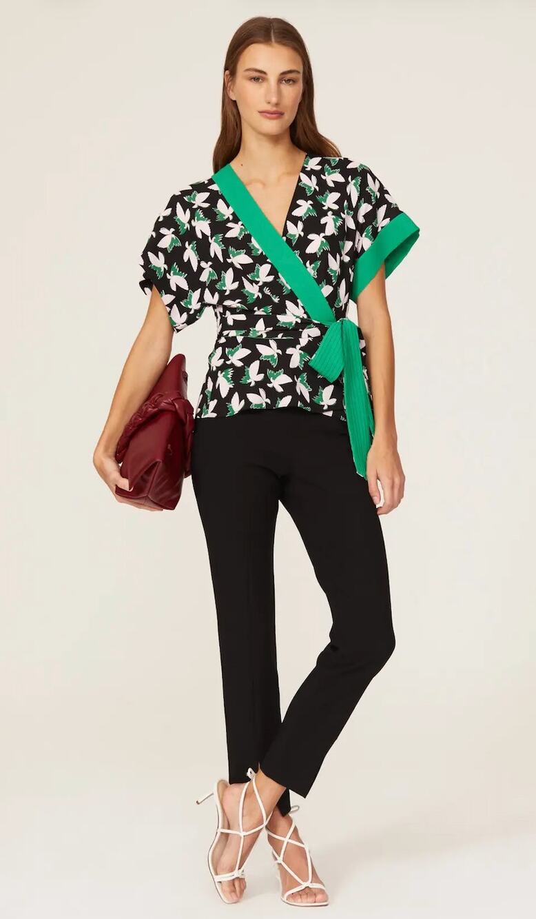 Diane von Furstenberg Izzy Wrap Top Size XL Floral Business Casual Color Block